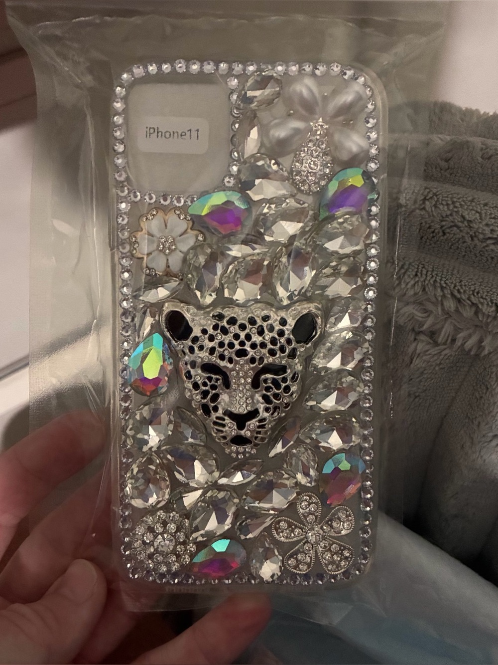 Rhinestone Leopard Crystal iPhone 11 Case - Silver Clear